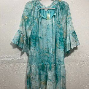 NWT Debbie Katz Nalai Aqua Dress Bohemian Tiered Lined Cotton Resort Size L